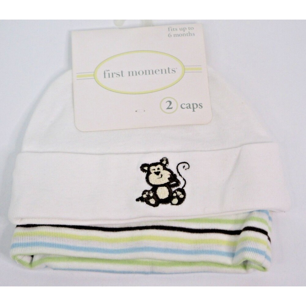 First Moments Baby Monkey Caps 2 Pack  Striped Blue Green Brown size 6 Months